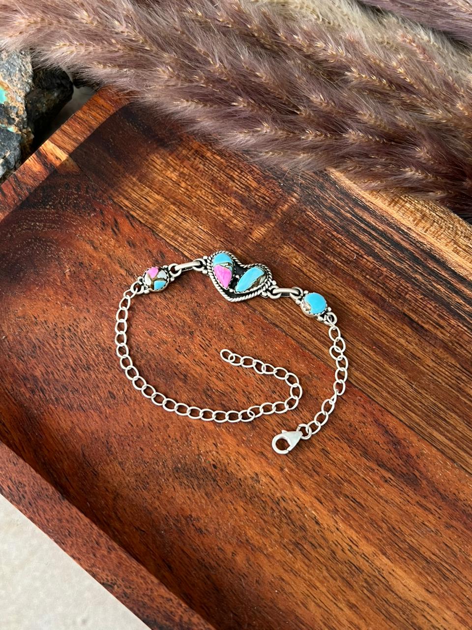 Handmade Sterling Silver Cotton Candy Heart Bracelet "Signed Nizhoni"