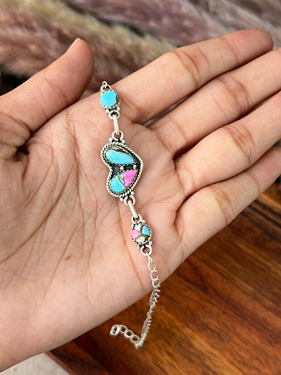 Handmade Sterling Silver Cotton Candy Heart Bracelet "Signed Nizhoni"