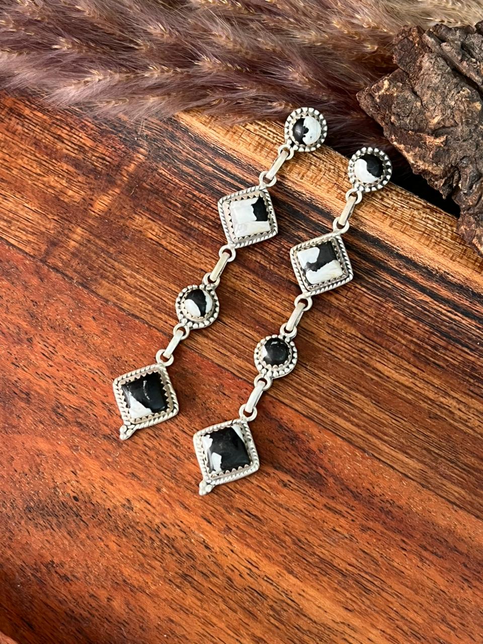 Handmade Sterling Silver White Buffalo Post Dangle Earrings "Signed Nizhoni"