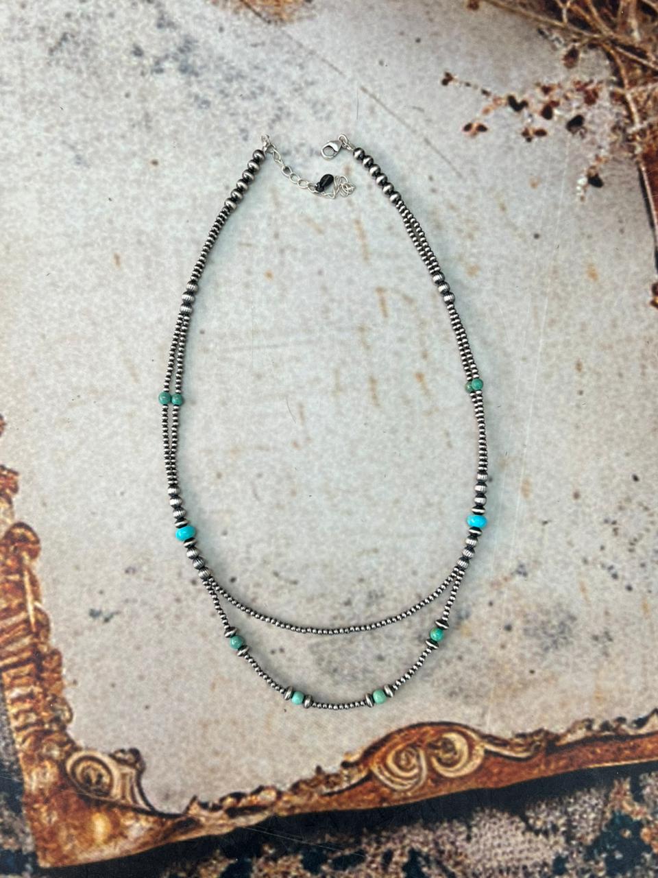 Handmade Sterling Silver Kingman Turquoise Beaded Necklace "Signed Nizhoni"