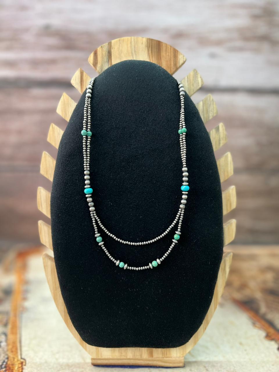 Handmade Sterling Silver Kingman Turquoise Beaded Necklace "Signed Nizhoni"