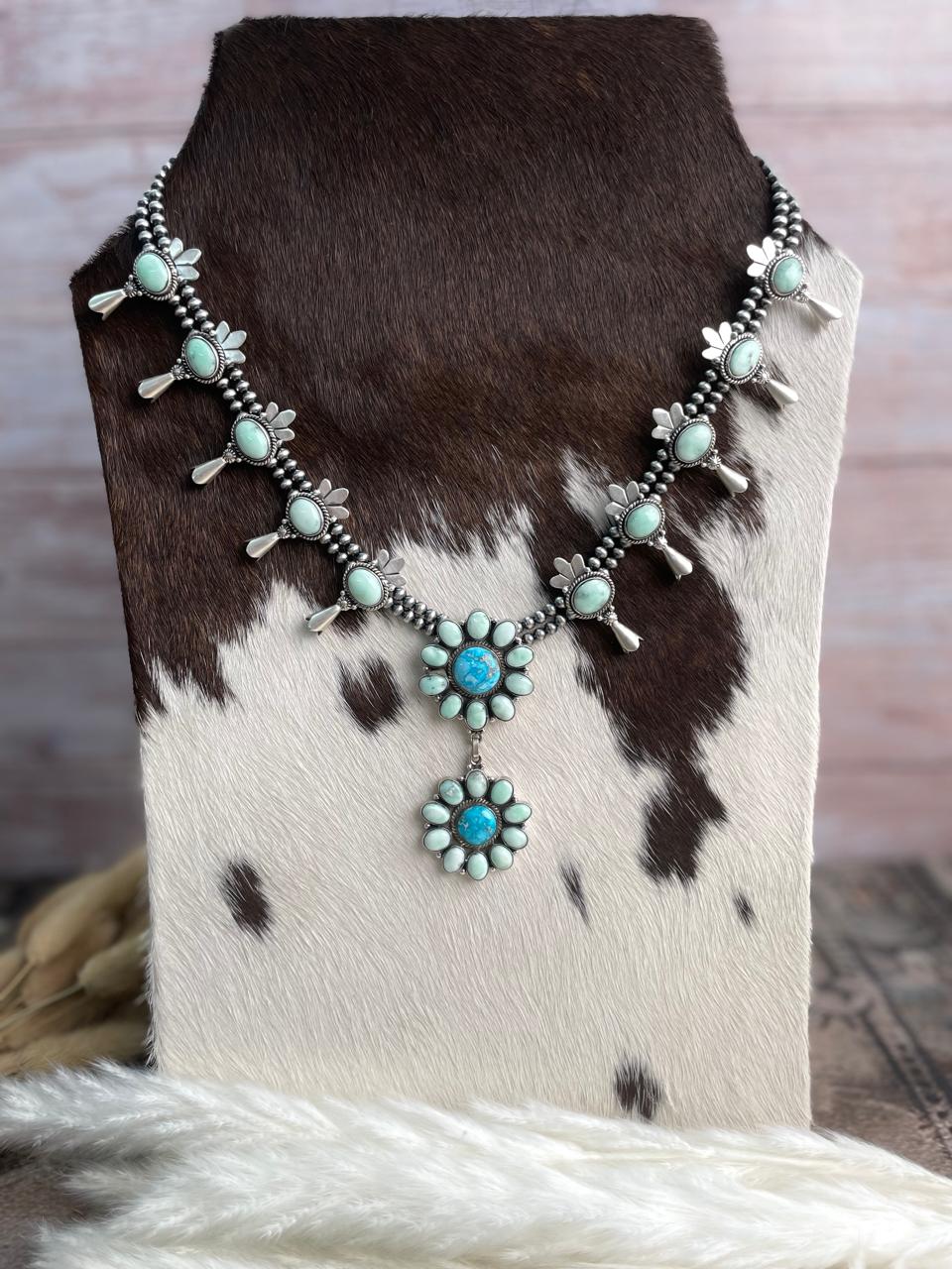 Handmade Sterling Silver Paloma with Sierra Bella Turquoise Squash Blossom Beaded Necklace "Signed Nizhoni"