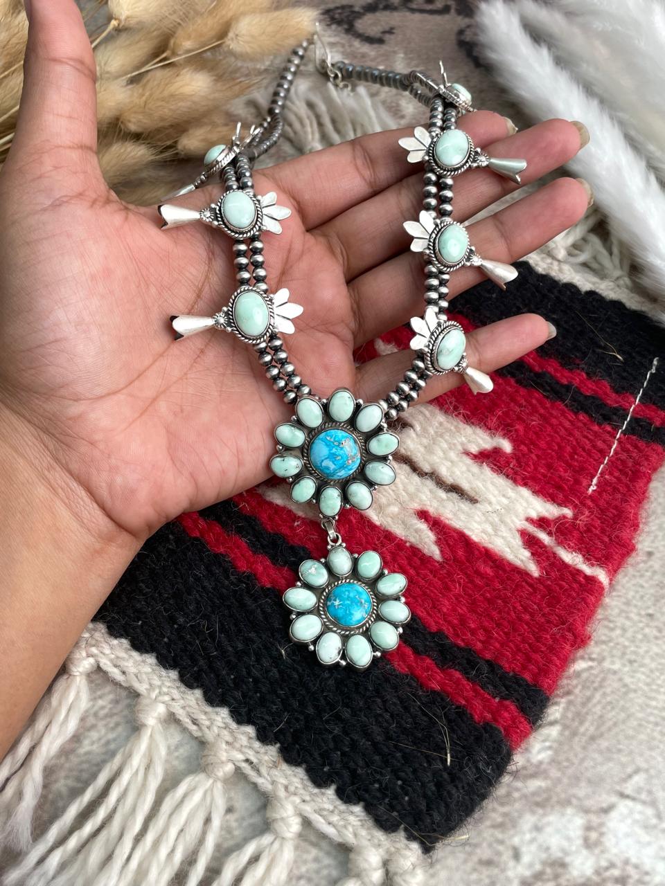 Handmade Sterling Silver Paloma with Sierra Bella Turquoise Squash Blossom Beaded Necklace "Signed Nizhoni"