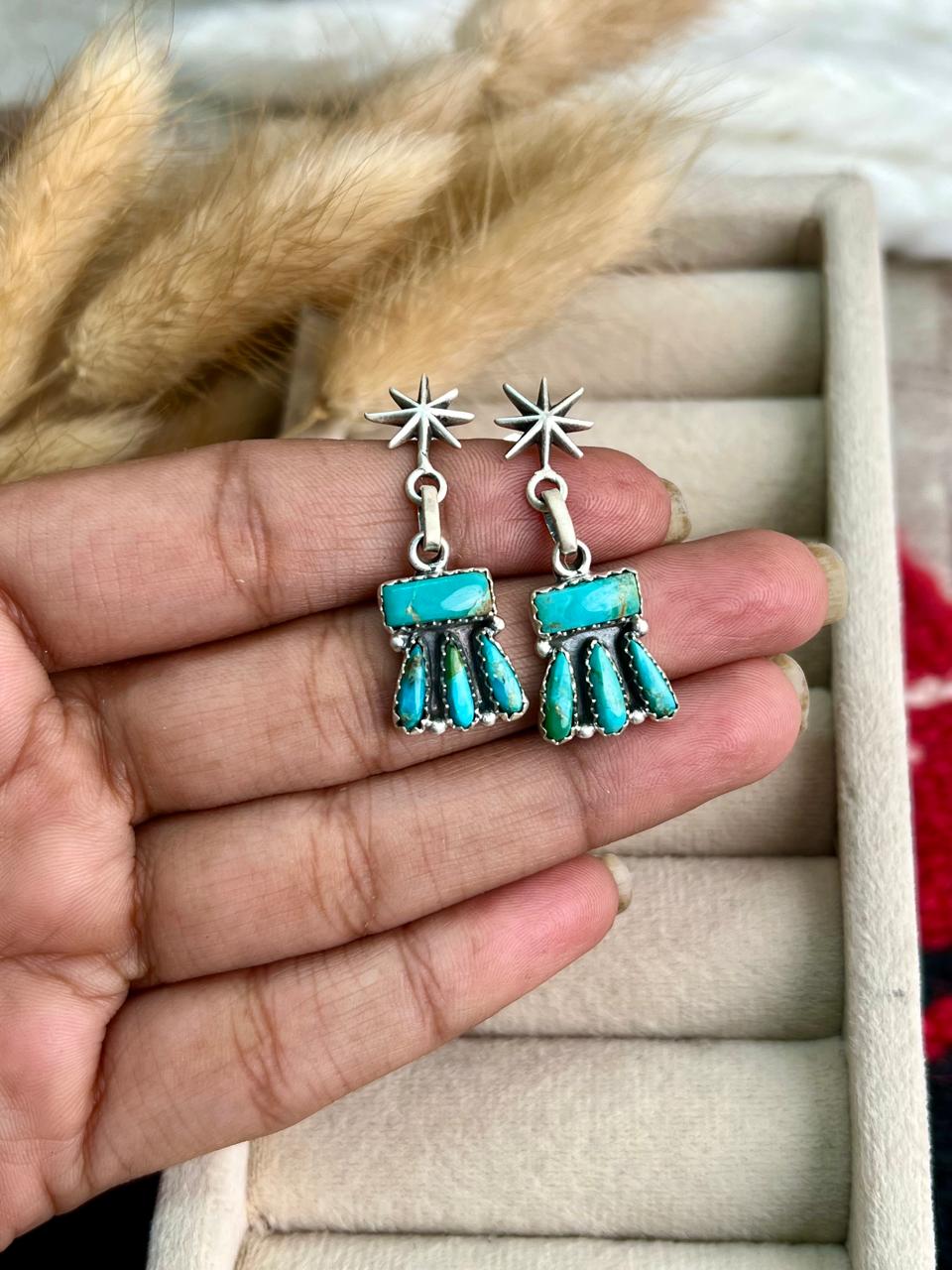 Handmade Sterling Silver Kingman Turquoise Post Dangle Earrings "Signed Nizhoni"