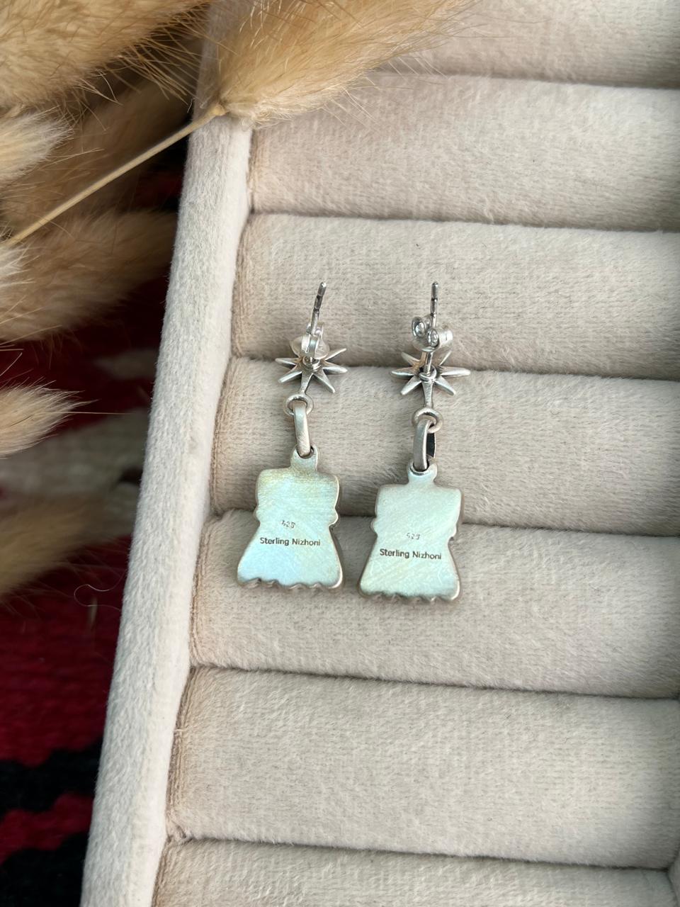 Handmade Sterling Silver Kingman Turquoise Post Dangle Earrings "Signed Nizhoni"