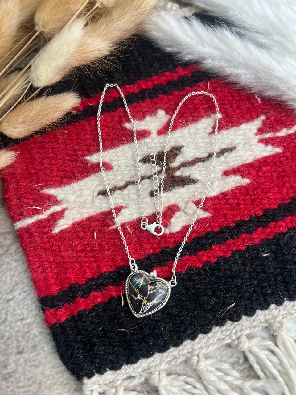Handmade Sterling Silver Blackjack Turquoise Heart Necklace "Signed Nizhoni"