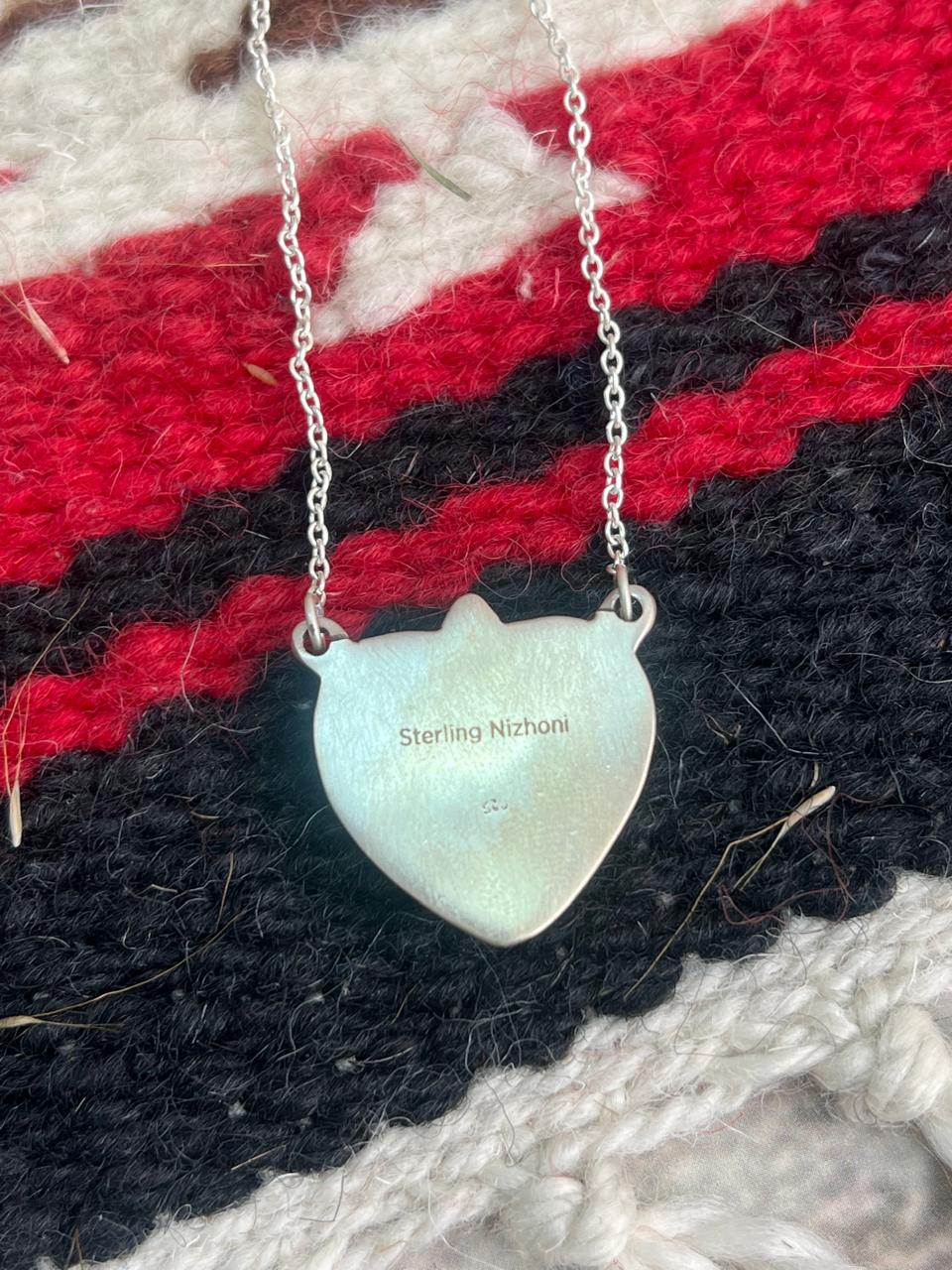 Handmade Sterling Silver Blackjack Turquoise Heart Necklace "Signed Nizhoni"