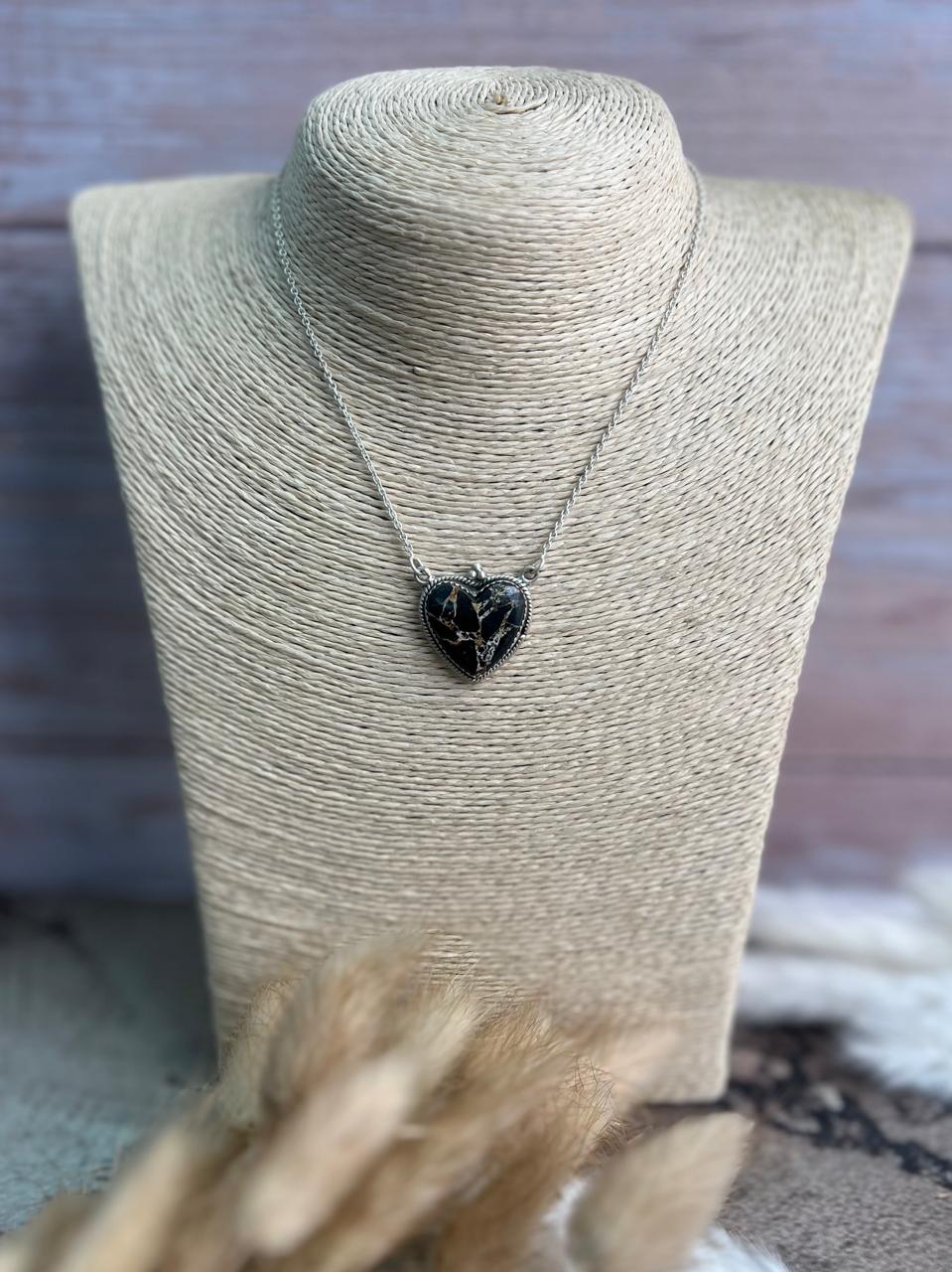Handmade Sterling Silver Blackjack Turquoise Heart Necklace "Signed Nizhoni"