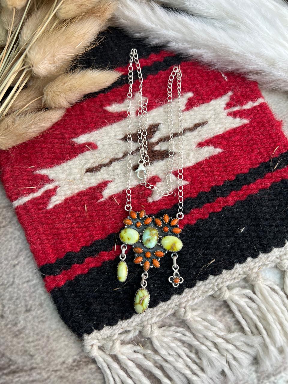 Handmade Sterling Silver Palomino Turquoise with Orange Mojave Necklace "Signed Nizhoni"
