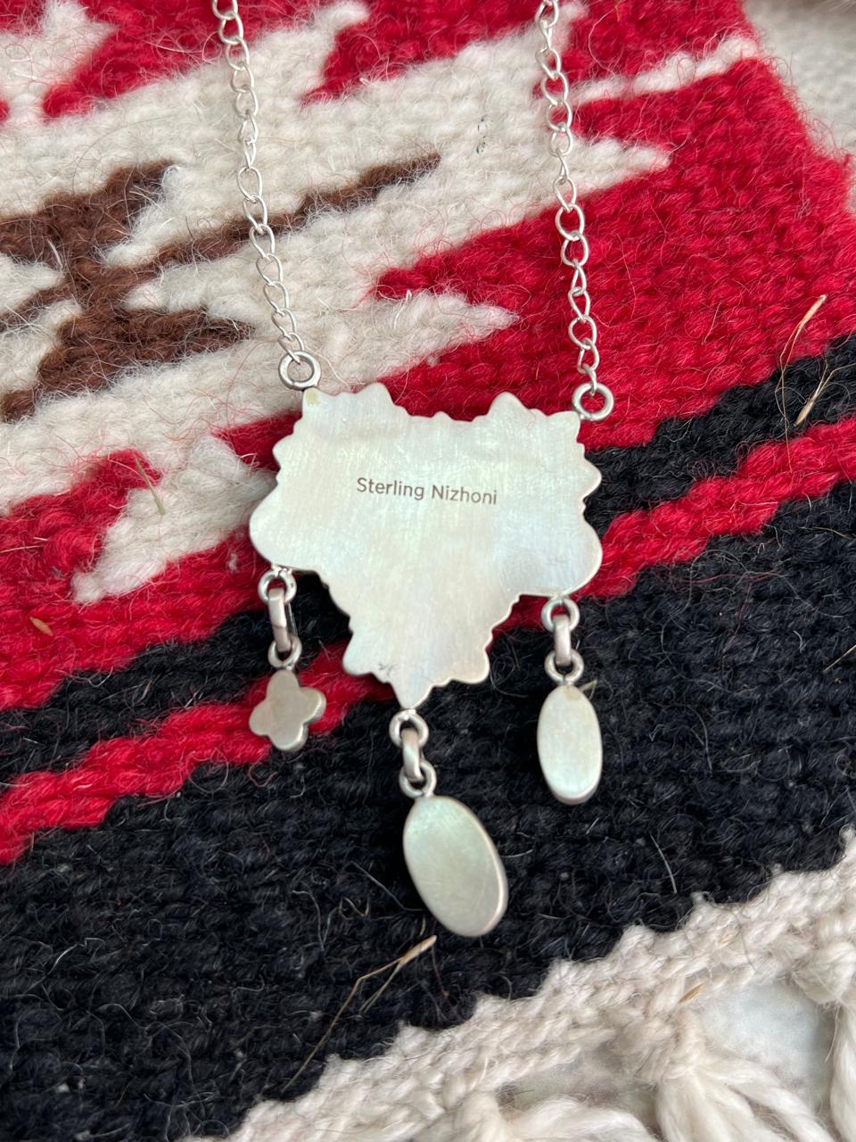 Handmade Sterling Silver Palomino Turquoise with Orange Mojave Necklace "Signed Nizhoni"