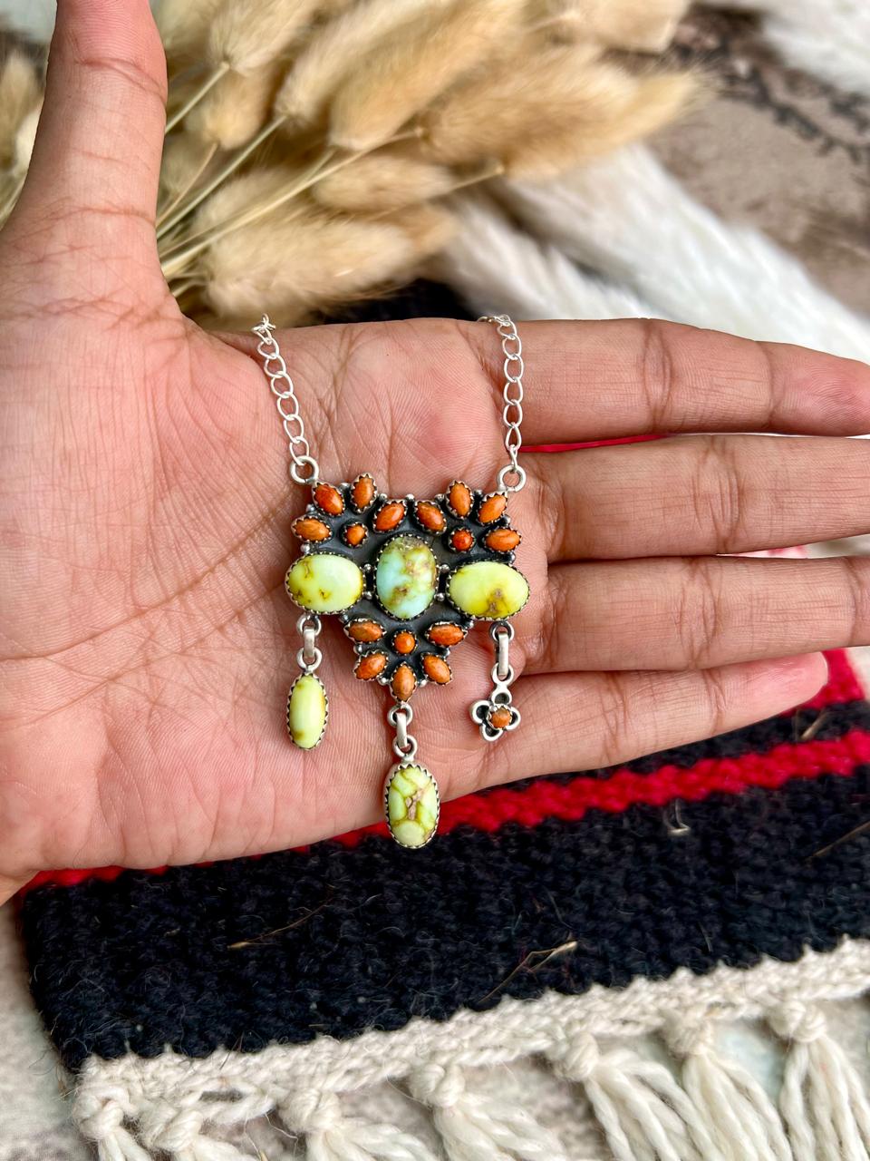 Handmade Sterling Silver Palomino Turquoise with Orange Mojave Necklace "Signed Nizhoni"