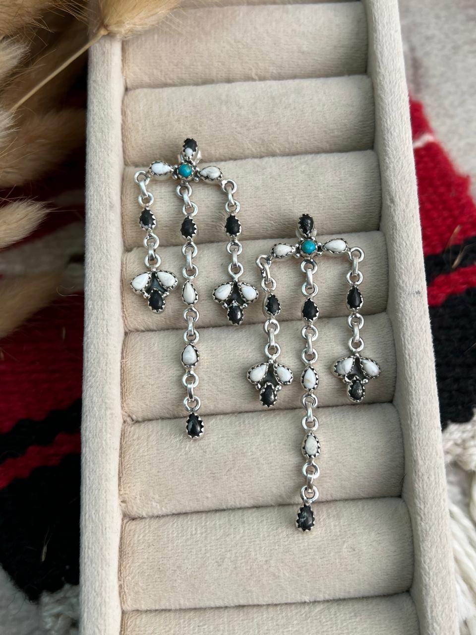 Handmade Sterling Silver Kingman Turquoise with White Buffalo Post Dangle Earrings "Signed Nizhoni"