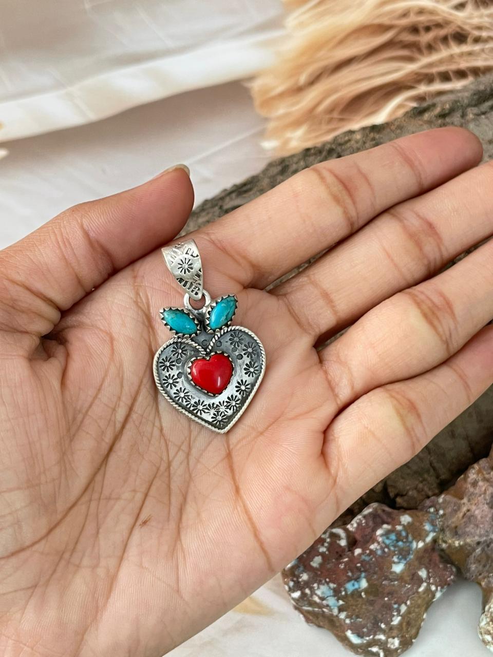 Handmade Sterling Silver Rosarita with Kingman Turquoise Cherry Heart Pendant "Signed Nizhoni"
