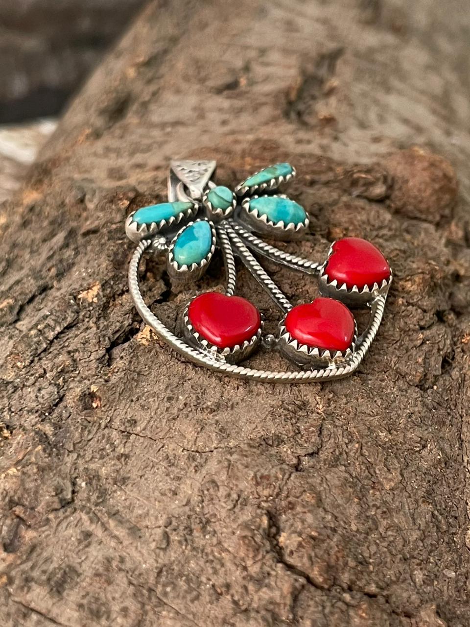 Handmade Sterling Silver Rosarita with Kingman Turquoise Cherry Pendant "Signed Nizhoni"