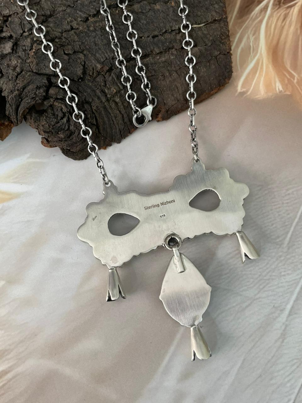 Handmade Sterling Silver Sierra Bella with Paloma Turquoise and Orange Mojave Necklace "Signed Nizhoni"