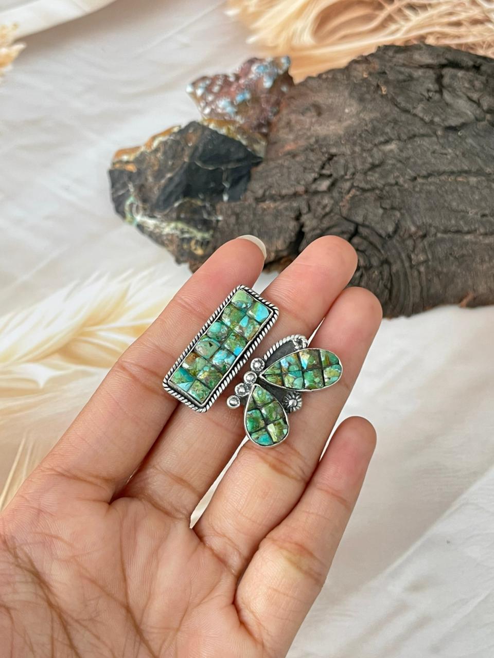 Handmade Sterling Silver Sonoran Cobble Collection: Sonoran Mountain Turquoise Butterfly Adjustable Ring "Signed Nizhoni"