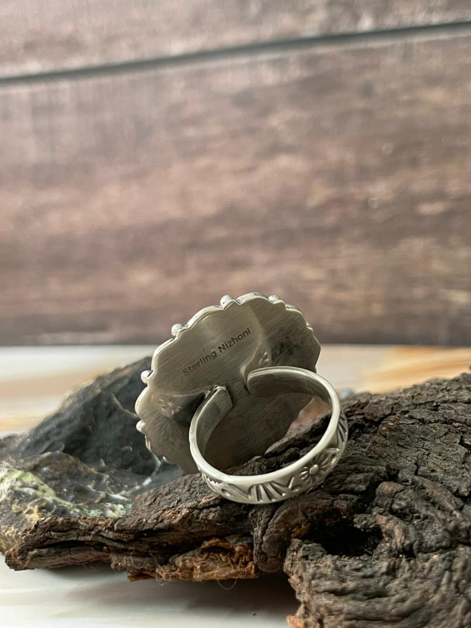 Handmade Sterling Silver Sonoran Cobble Collection: Sonoran Mountain Turquoise Adjustable Ring "Signed Nizhoni"