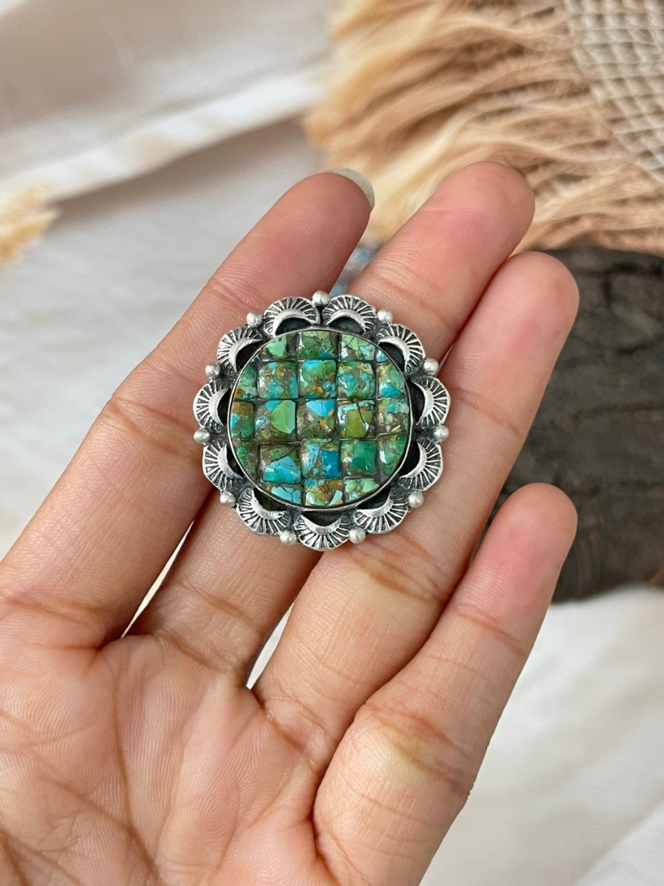 Handmade Sterling Silver Sonoran Cobble Collection: Sonoran Mountain Turquoise Adjustable Ring "Signed Nizhoni"