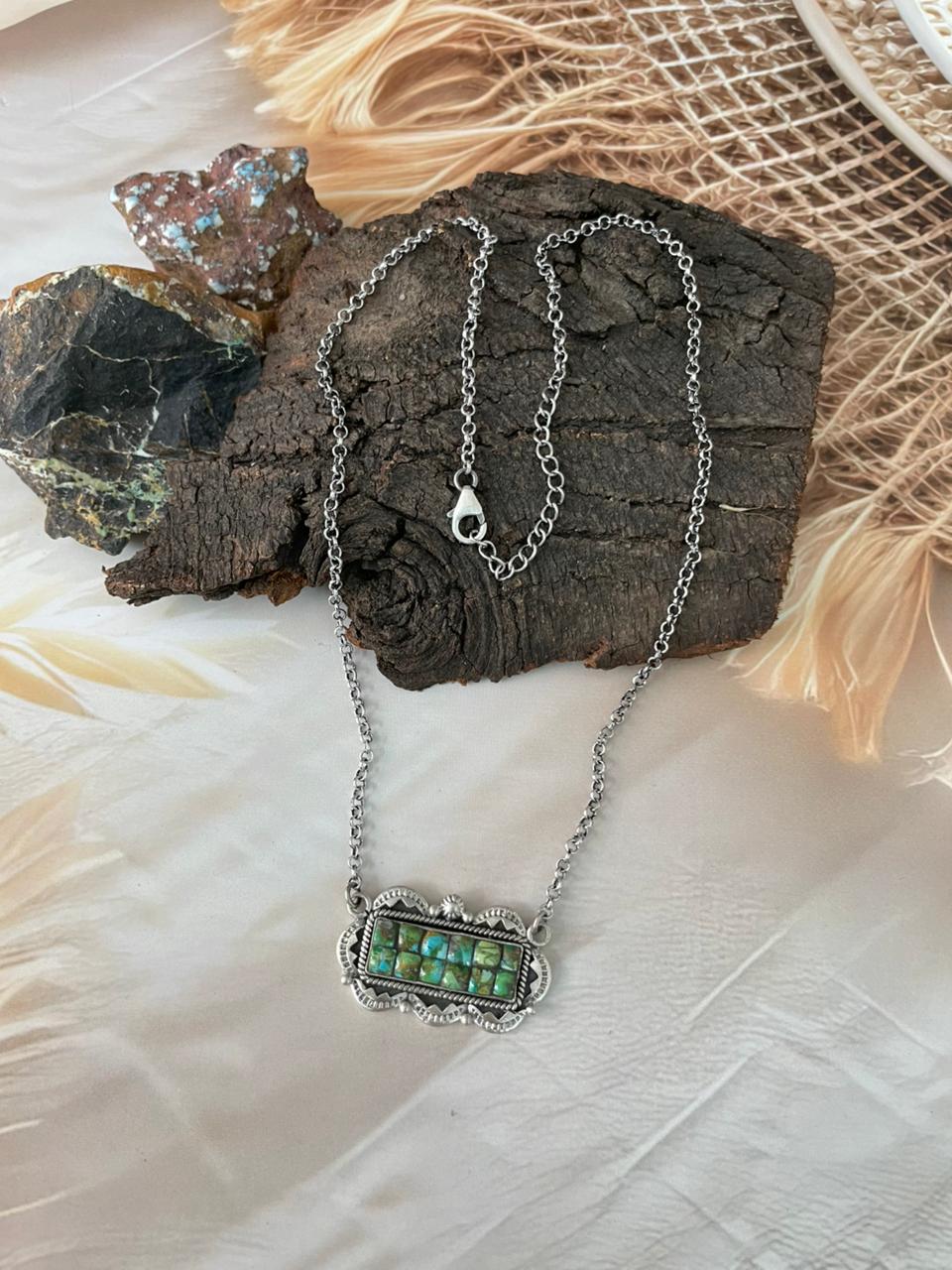 Handmade Sterling Silver Sonoran Cobble Collection: Sonoran Mountain Turquoise Bar Necklace "Signed Nizhoni"
