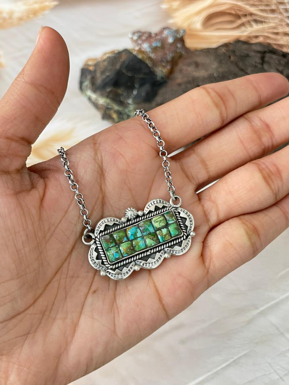 Handmade Sterling Silver Sonoran Cobble Collection: Sonoran Mountain Turquoise Bar Necklace "Signed Nizhoni"