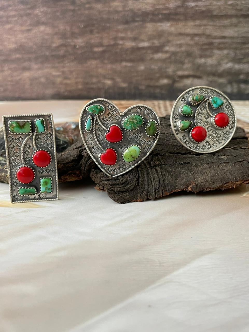 Handmade Sterling Silver Rosarita with Sonoran Mountain Turquoise Cherry Adjustable Ring "Signed Nizhoni"