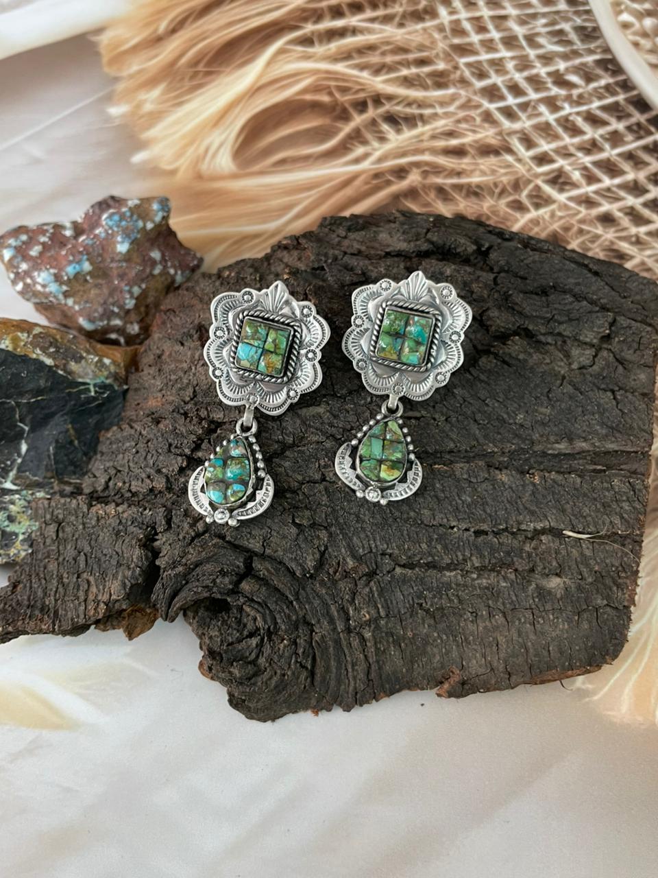 Handmade Sterling Silver Sonoran Cobble Collection: Sonoran Mountain Turquoise Post Dangle Earrings "Signed Nizhoni"