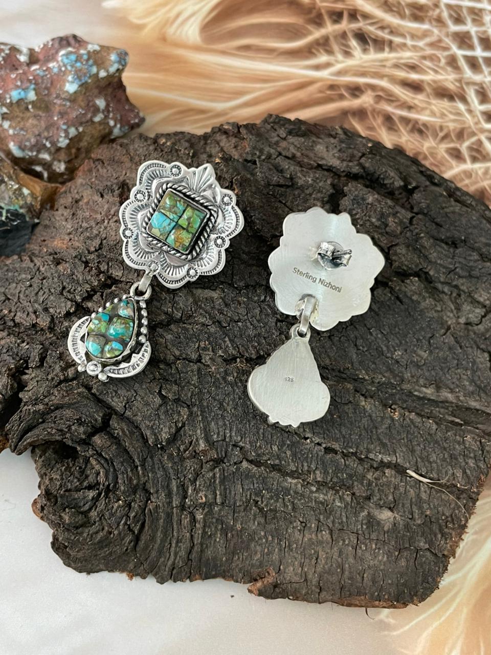 Handmade Sterling Silver Sonoran Cobble Collection: Sonoran Mountain Turquoise Post Dangle Earrings "Signed Nizhoni"