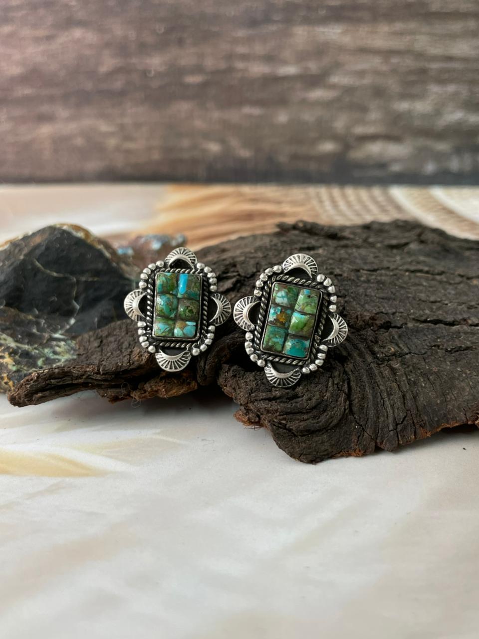Handmade Sterling Silver Sonoran Cobble Collection: Sonoran Mountain Turquoise Post Studs Earrings "Signed Nizhoni"