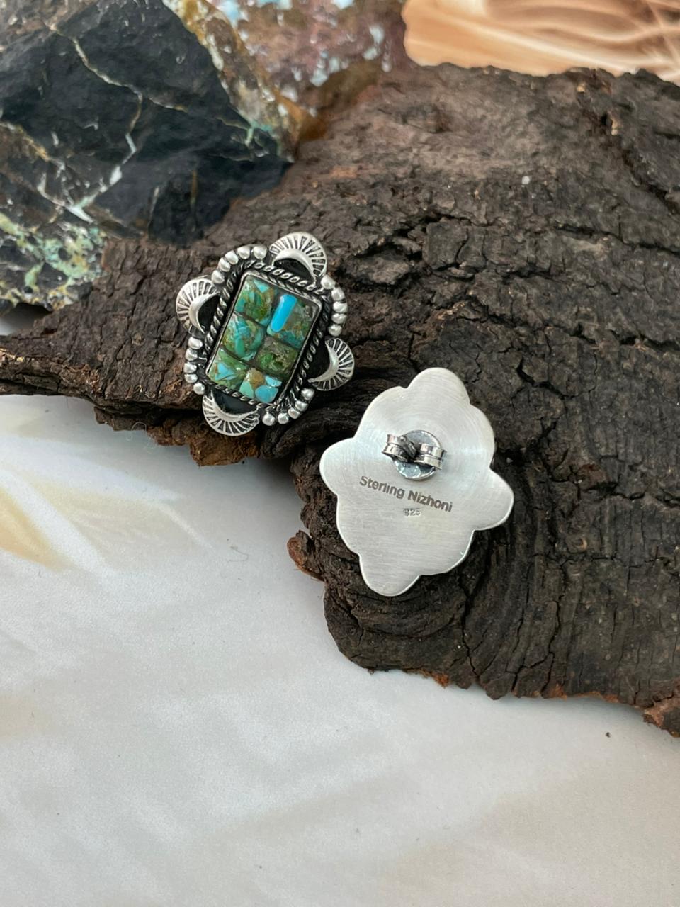 Handmade Sterling Silver Sonoran Cobble Collection: Sonoran Mountain Turquoise Post Studs Earrings "Signed Nizhoni"