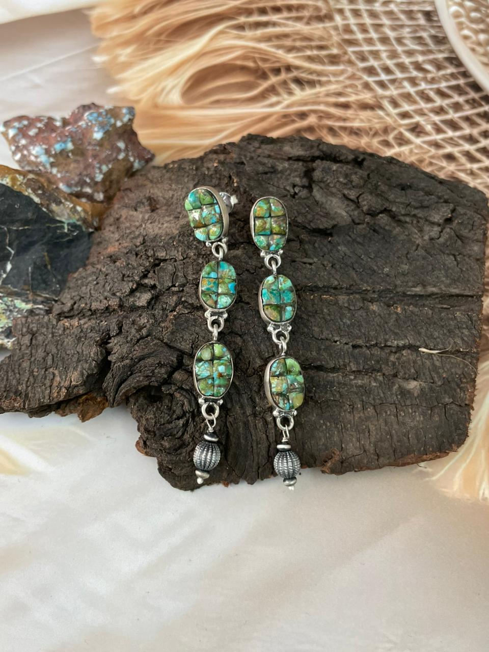 Handmade Sterling Silver Sonoran Cobble Collection: Sonoran Mountain Turquoise Post Dangle Earrings "Signed Nizhoni"