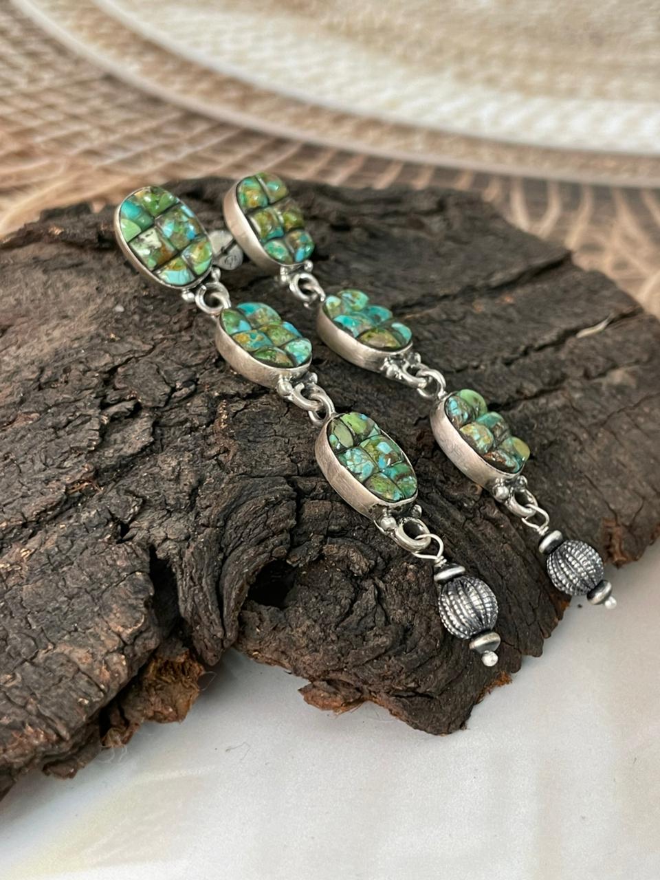Handmade Sterling Silver Sonoran Cobble Collection: Sonoran Mountain Turquoise Post Dangle Earrings "Signed Nizhoni"