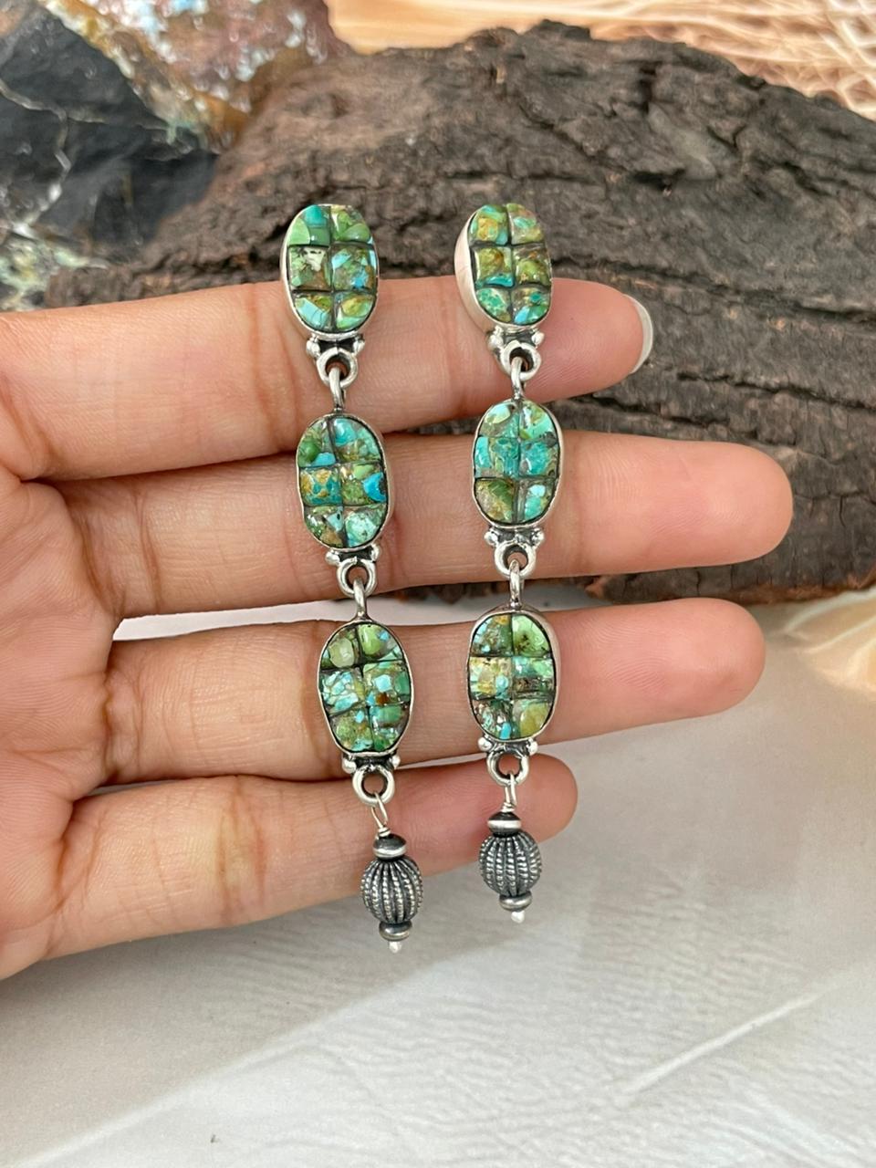 Handmade Sterling Silver Sonoran Cobble Collection: Sonoran Mountain Turquoise Post Dangle Earrings "Signed Nizhoni"