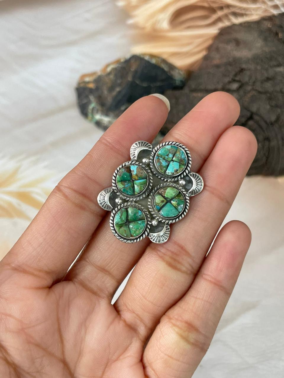 Handmade Sterling Silver Sonoran Cobble Collection: Sonoran Mountain Turquoise Adjustable Ring "Signed Nizhoni"