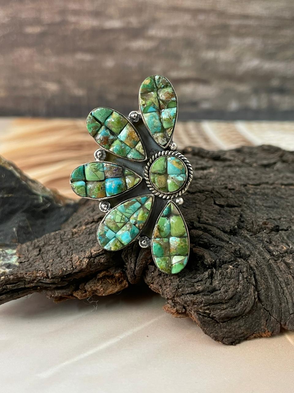 Handmade Sterling Silver Sonoran Cobble Collection: Sonoran Mountain Turquoise Adjustable Ring "Signed Nizhoni"
