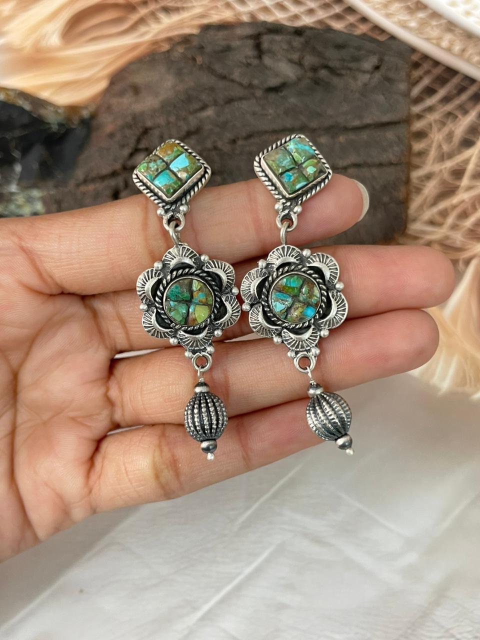 Handmade Sterling Silver Sonoran Cobble Collection: Sonoran Mountain Turquoise Post Dangle Earrings "Signed Nizhoni"