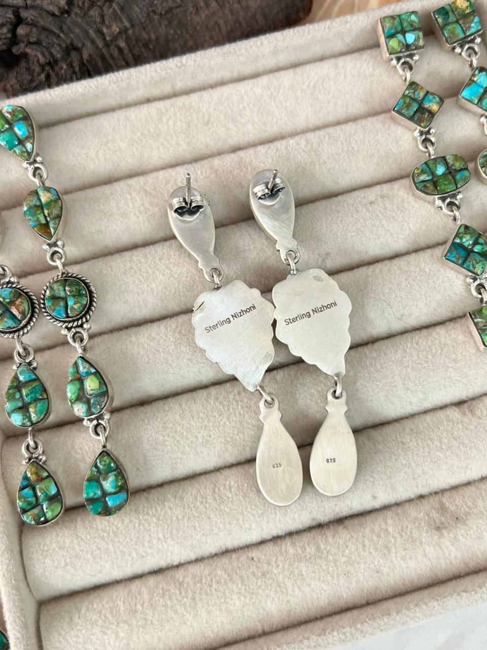 Handmade Sterling Silver Sonoran Cobble Collection: Sonoran Mountain Turquoise Post Dangle Earrings "Signed Nizhoni"