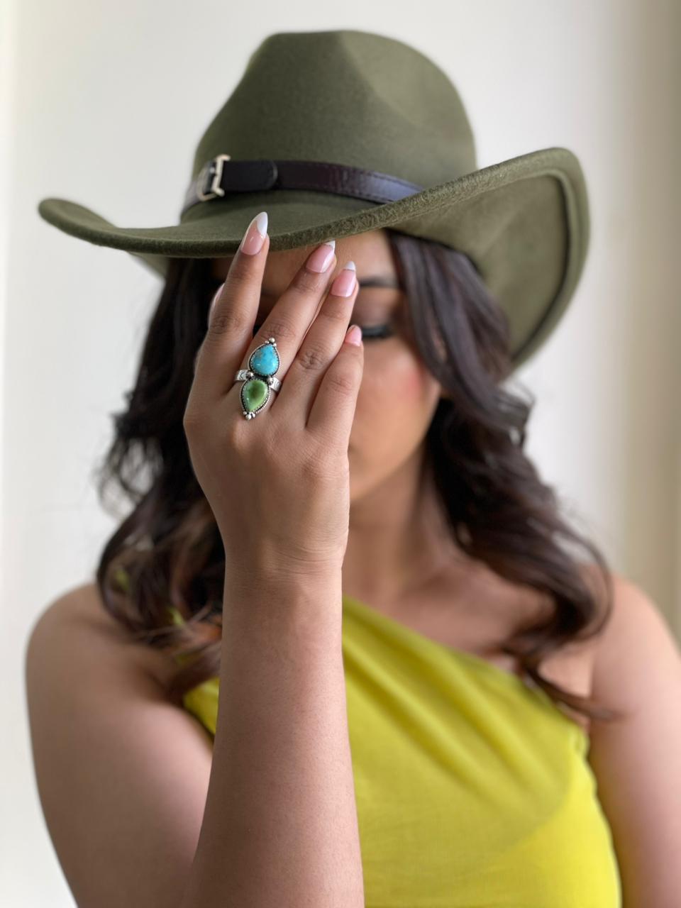 Handmade Sterling Silver Sonoran Mountain with Sierra Bella Turquoise Adjustable Ring "Signed Nizhoni"