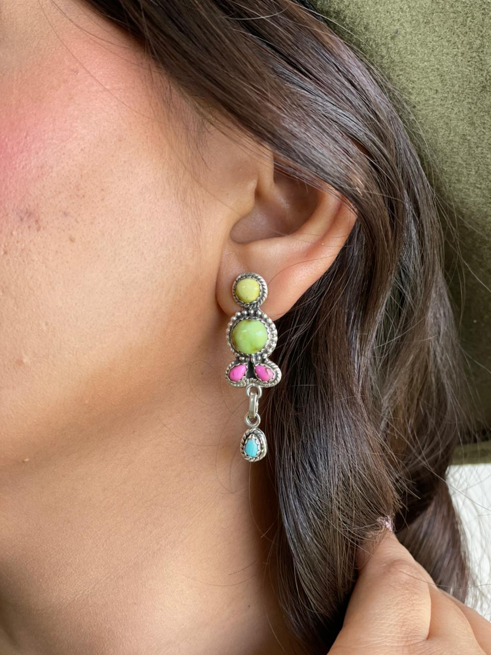 Handmade Sterling Silver Palomino Turquoise with Cotton Candy Post Dangle Earrings "Signed Nizhoni"