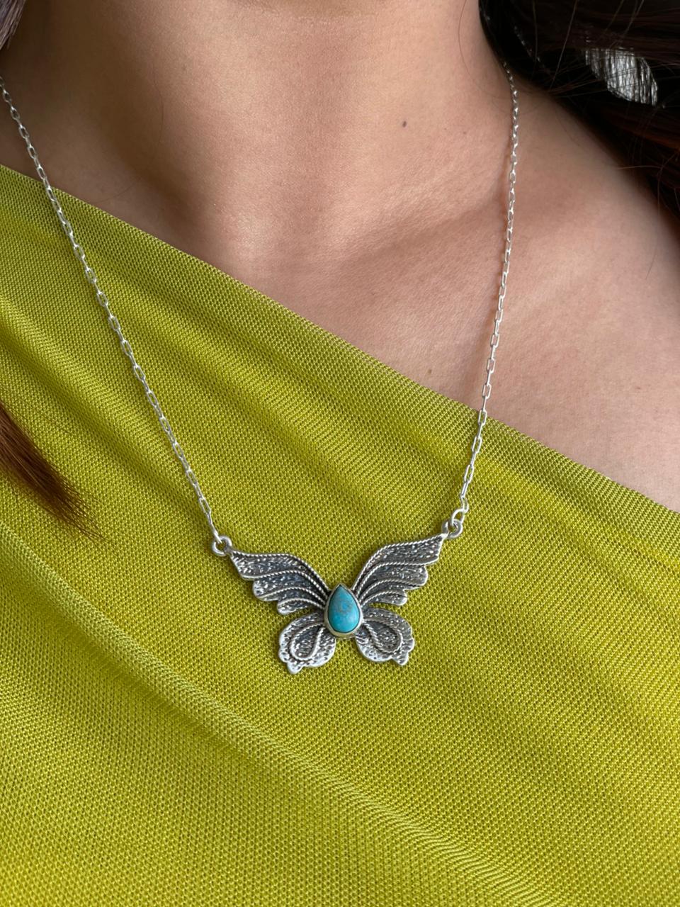 Handmade Sterling Silver Kingman Turquoise Butterfly Necklace "Signed Nizhoni"