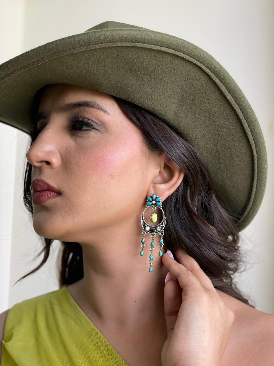 Handmade Sterling Silver Palomino with Kingman Turquoise and White Buffalo Post Dangle Earrings "Signed Nizhoni"