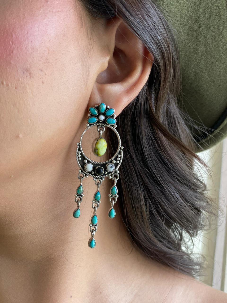 Handmade Sterling Silver Palomino with Kingman Turquoise and White Buffalo Post Dangle Earrings "Signed Nizhoni"