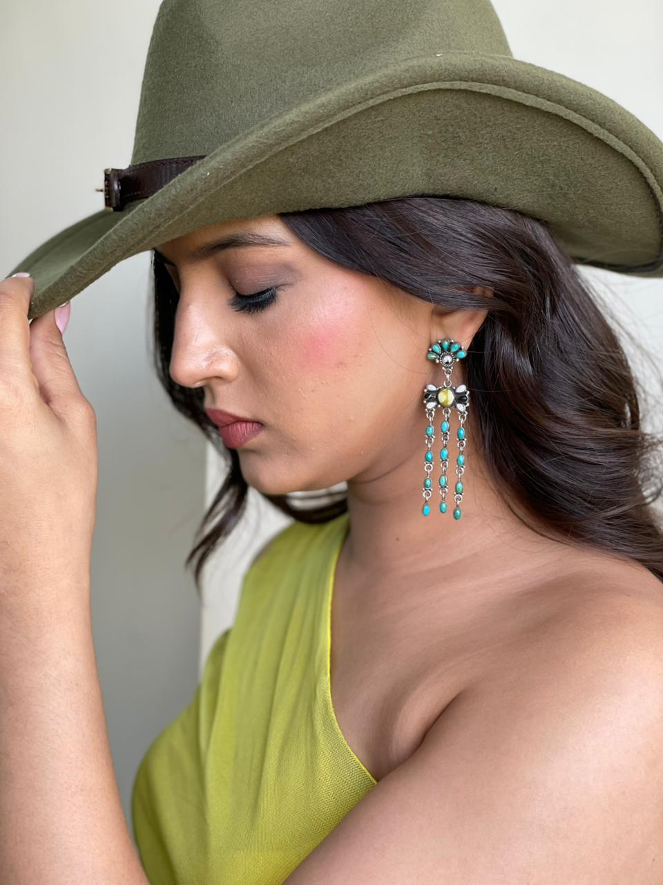 Handmade Sterling Silver Palomino with Kingman Turquoise and White Buffalo Post Dangle Earrings "Signed Nizhoni"