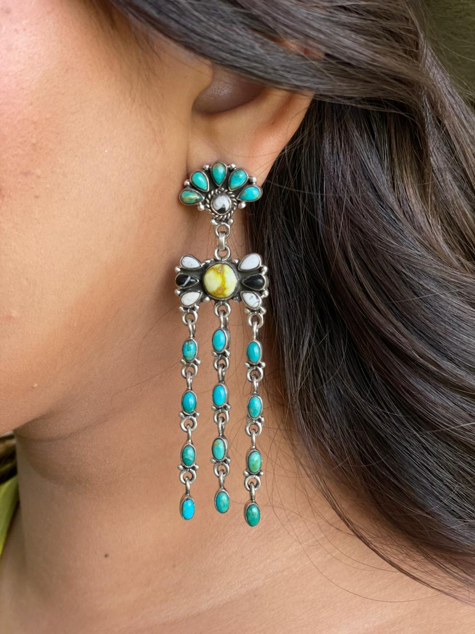 Handmade Sterling Silver Palomino with Kingman Turquoise and White Buffalo Post Dangle Earrings "Signed Nizhoni"