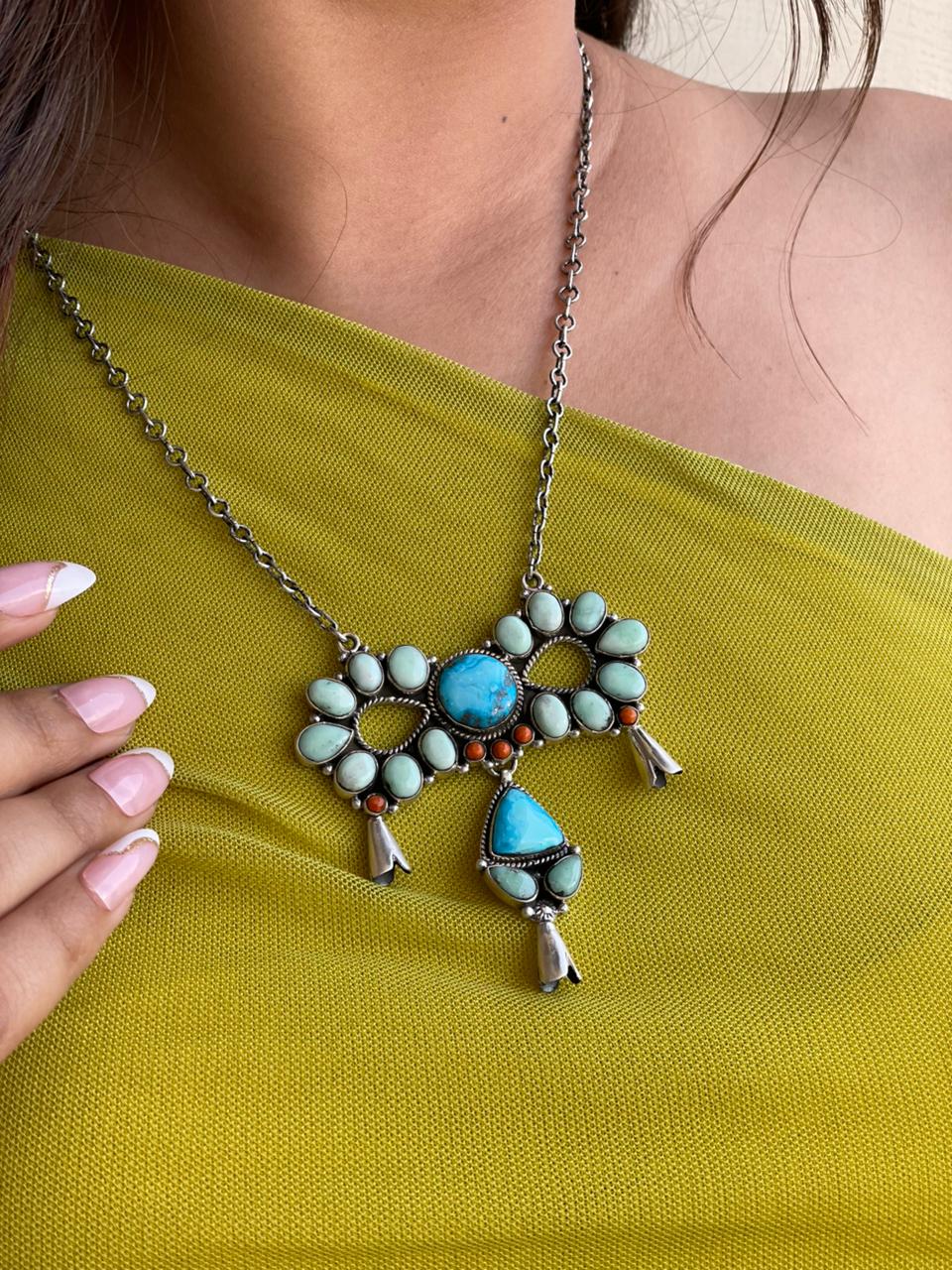 Handmade Sterling Silver Sierra Bella with Paloma Turquoise and Orange Mojave Necklace "Signed Nizhoni"