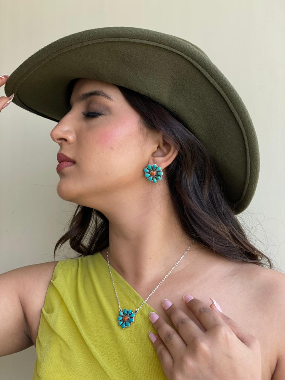Handmade Sterling Silver Kingman Turquoise with Orange Mojave Necklace Earrings Set "Signed Nizhoni"