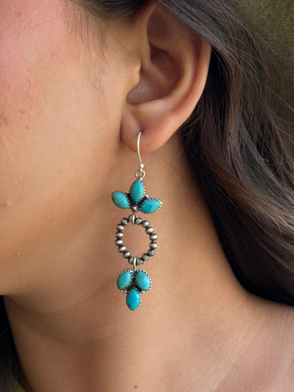 Handmade Sterling Silver Kingman Turquoise Hook Dangle Beaded Earrings "Signed Nizhoni"