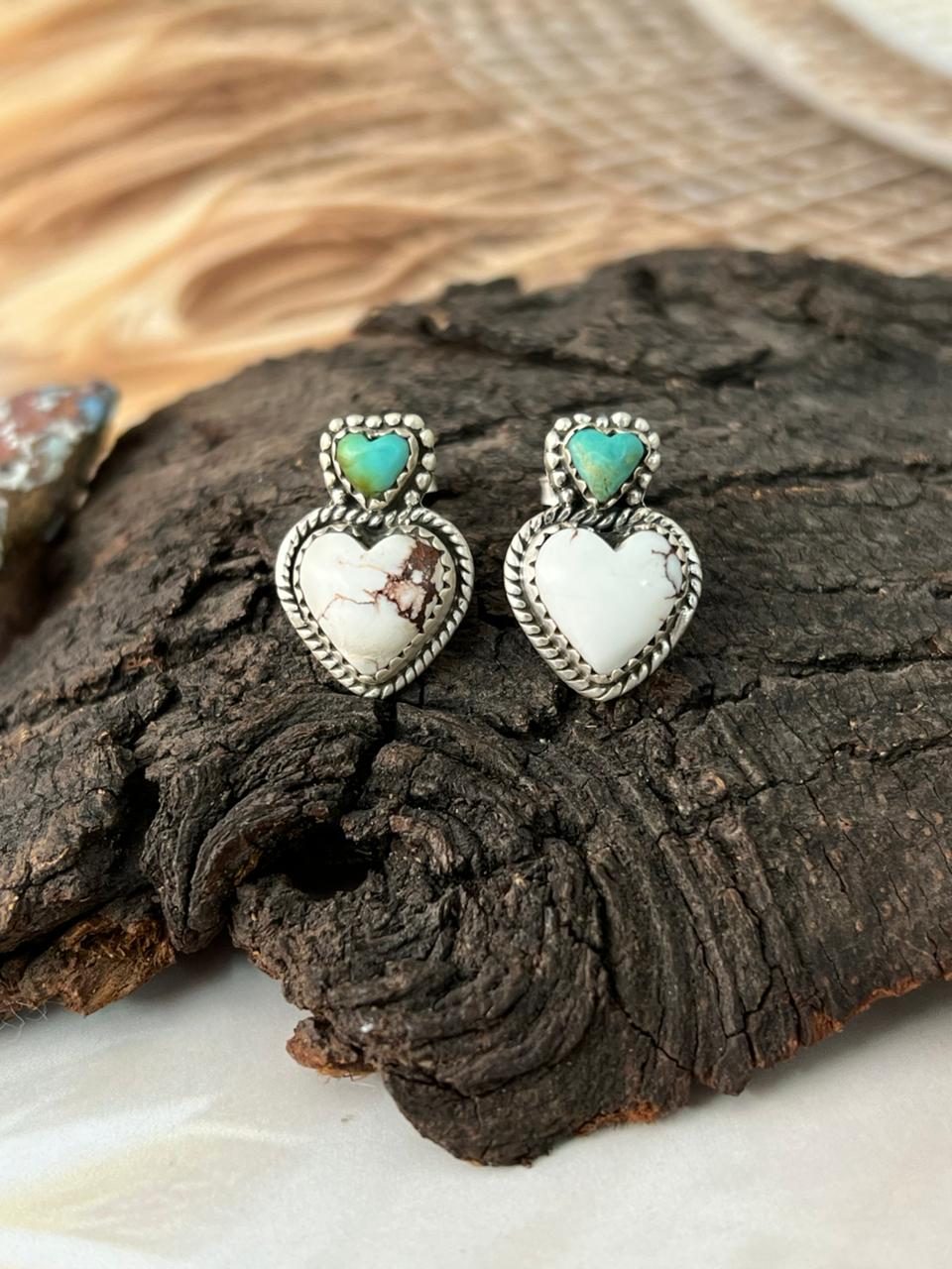 Handmade Sterling Silver Wildhorse Magnesite with Kingman Turquoise Heart Post Studs Earrings "Signed Nizhoni"
