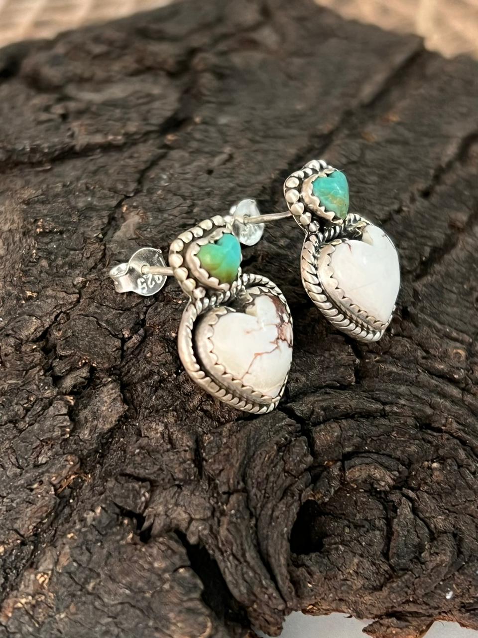 Handmade Sterling Silver Wildhorse Magnesite with Kingman Turquoise Heart Post Studs Earrings "Signed Nizhoni"