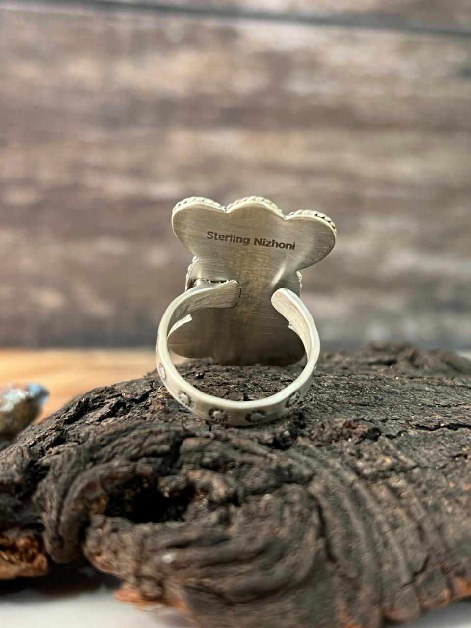 Handmade Sterling Silver Blackjack with Kingman Turquoise Adjustable Ring "Signed Nizhoni"