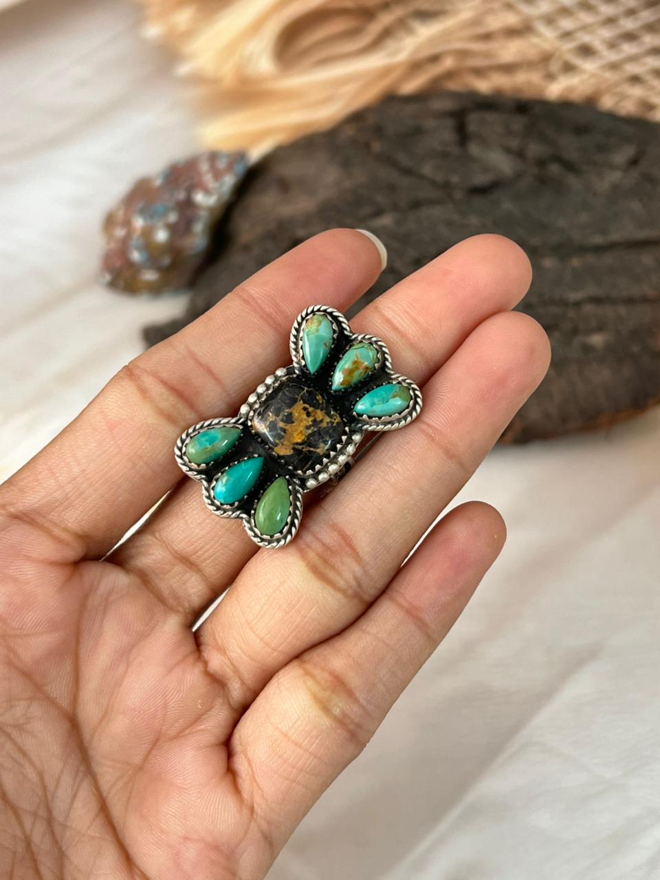 Handmade Sterling Silver Blackjack with Kingman Turquoise Adjustable Ring "Signed Nizhoni"